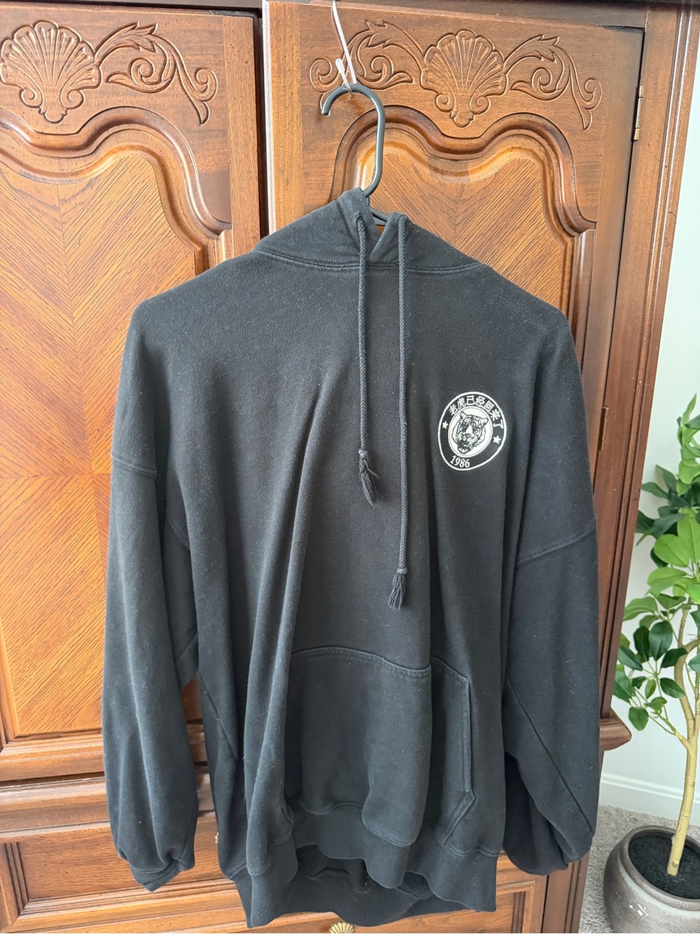 Brandy Melville Black Hoodie with Tiger Chest Patch Logo